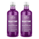 Village Naturals Therapy Nighttime Relief bath oil bottle close-up for calming bedtime relaxation.