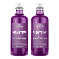 Village Naturals Therapy Nighttime Relief bath oil bottle close-up for calming bedtime relaxation.