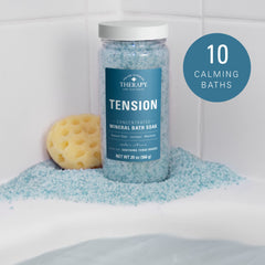 Village Naturals Therapy tension bath soak Cedar Citrus ingredients close-up highlights juniper and menthol