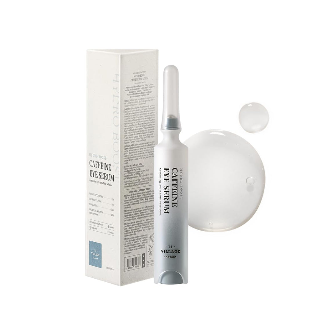 VILLAGE11FACTORY Hydro Boost caffeine eye serum roller application delivers cooling relief for puffy under-eye area.