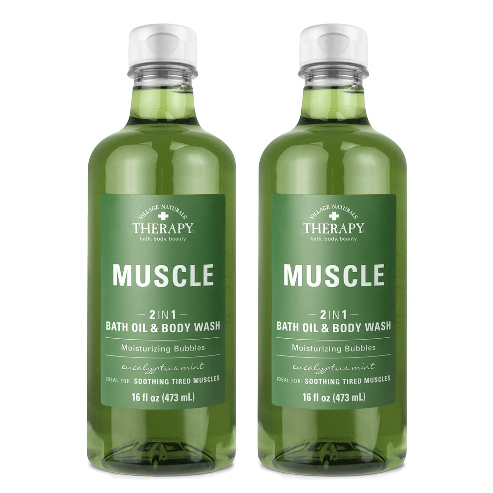 Village Naturals Therapy Muscle Bath Oil bottle shown for soothing recovery after workouts
