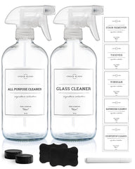 Vine Creations glass spray bottles 2-pack, durable refillables for home cleaning tasks.