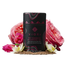 Viori Dry Shampoo Powder packaging highlighting Magnolia and Peony scent for quick refresh.