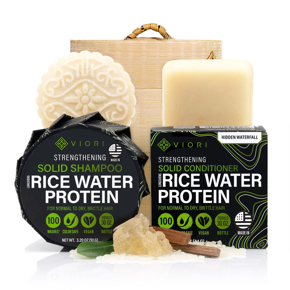 Viori Hidden Waterfall Shampoo Bar Set with bamboo holder for sulfate-free cleansing and travel convenience.