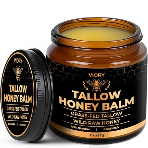 VIORY Tallow and Honey Balm face-application demonstrates soothing moisture for dry, sensitive skin.