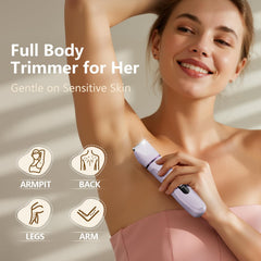 Virelle bikini trimmer uses hypoallergenic blades for gentle, painless trimming on sensitive skin.