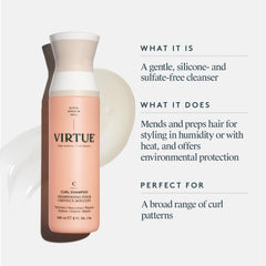 VIRTUE Curl Shampoo bottle showing easy daily application
