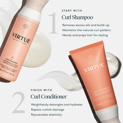 VIRTUE Curl Shampoo color-safe bottle indicating gentle cleansing for treated hair