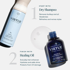 VIRTUE dry shampoo spray demonstrates dry-formula cleanliness