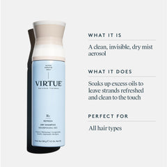 VIRTUE dry shampoo spray mist on hair for quick refresh and oil control