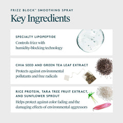VIRTUE Frizz Block Smoothing Spray bottle close-up highlighting silicone-free, color-safe formula.