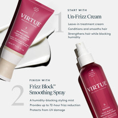VIRTUE Frizz Block Smoothing Spray on hair during blow-dry delivering heat protection.