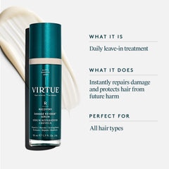 VIRTUE Recovery Damage Reverse Hair Serum texture close-up highlighting cream-to-serum transition.