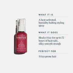 VIRTUE Smooth Frizz Block mist-dispense delivering lightweight styling and quick frizz reduction.