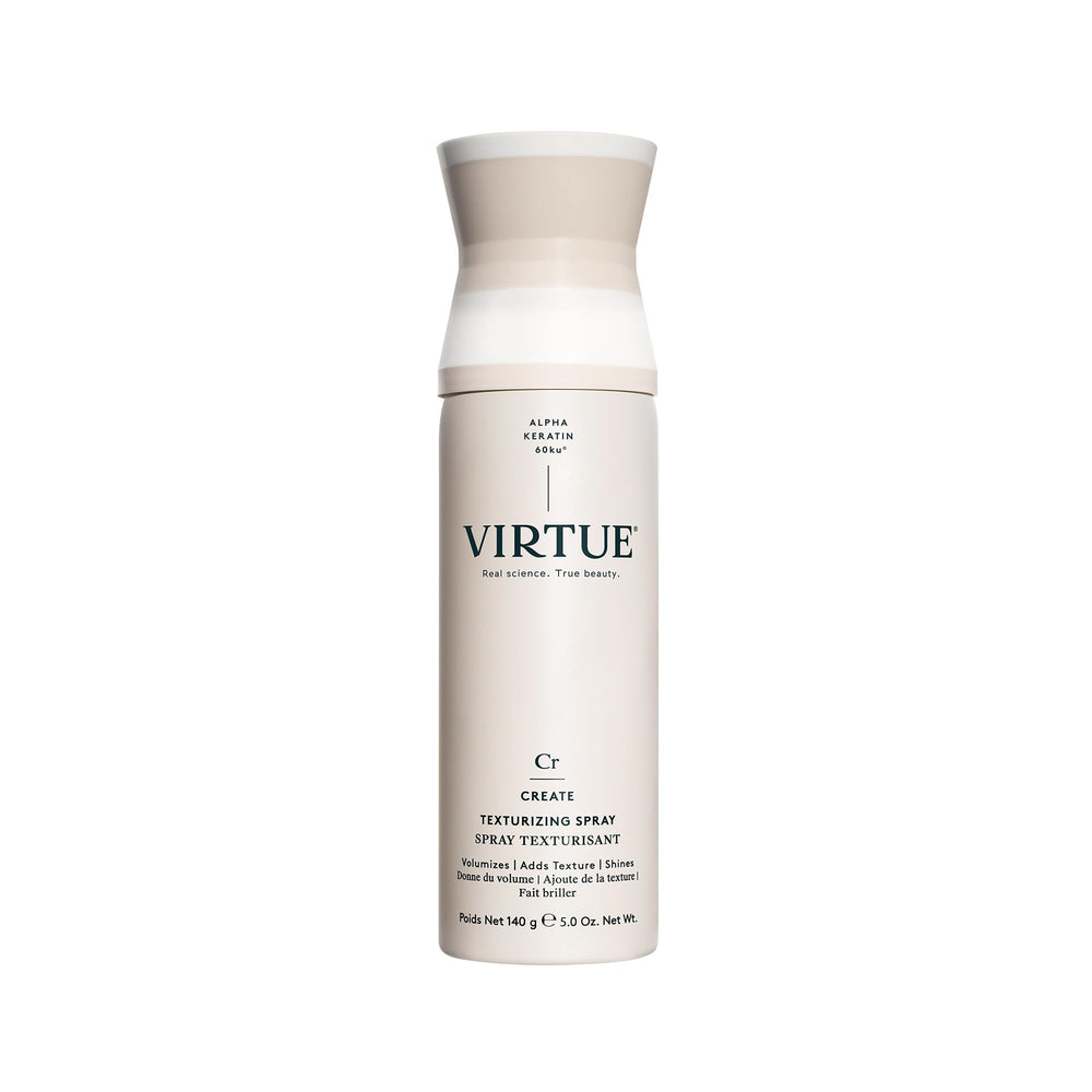 VIRTUE Texturizing Spray bottle shows lightweight texture and flexible hold