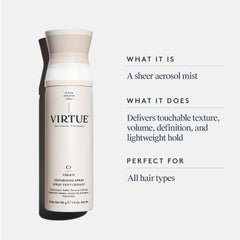 VIRTUE Texturizing Spray mist application demonstrates instant texture without stickiness