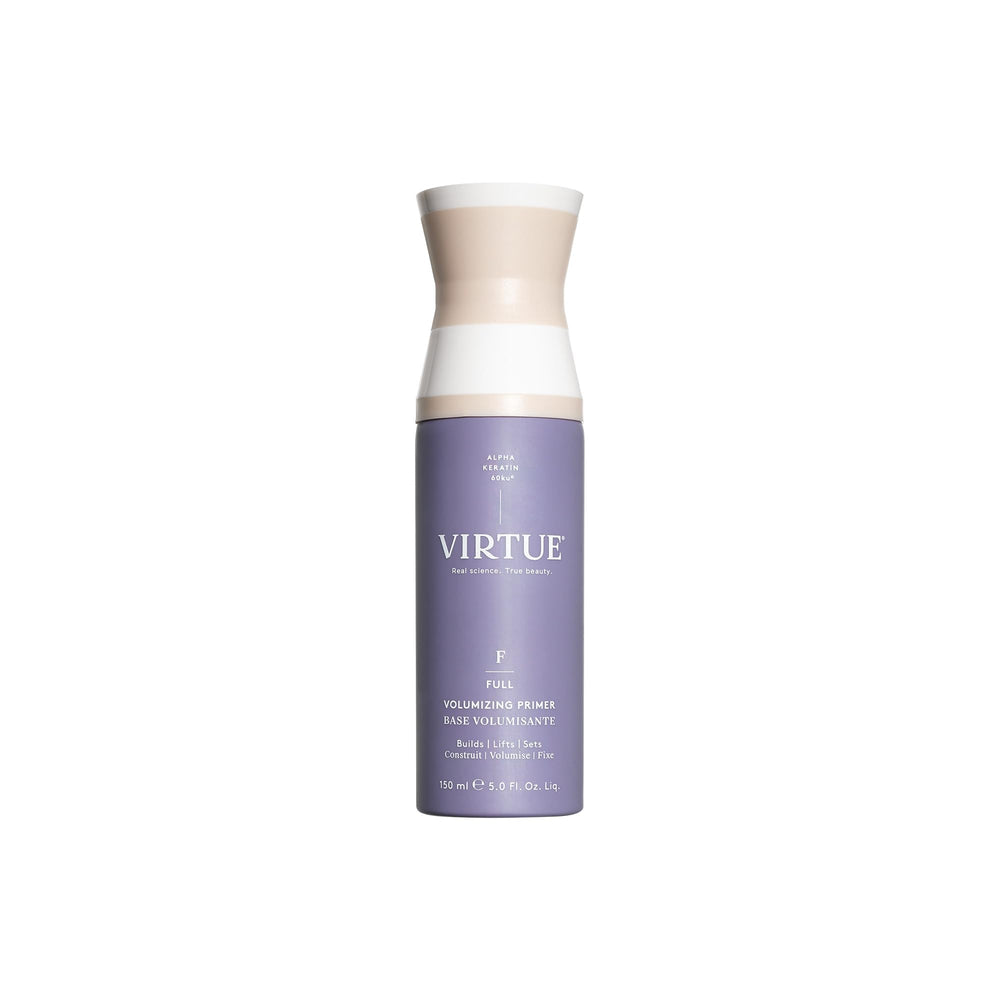 Virtue Volumizing Hair Primer Spray bottle displays sleek design for lightweight pre-styling.
