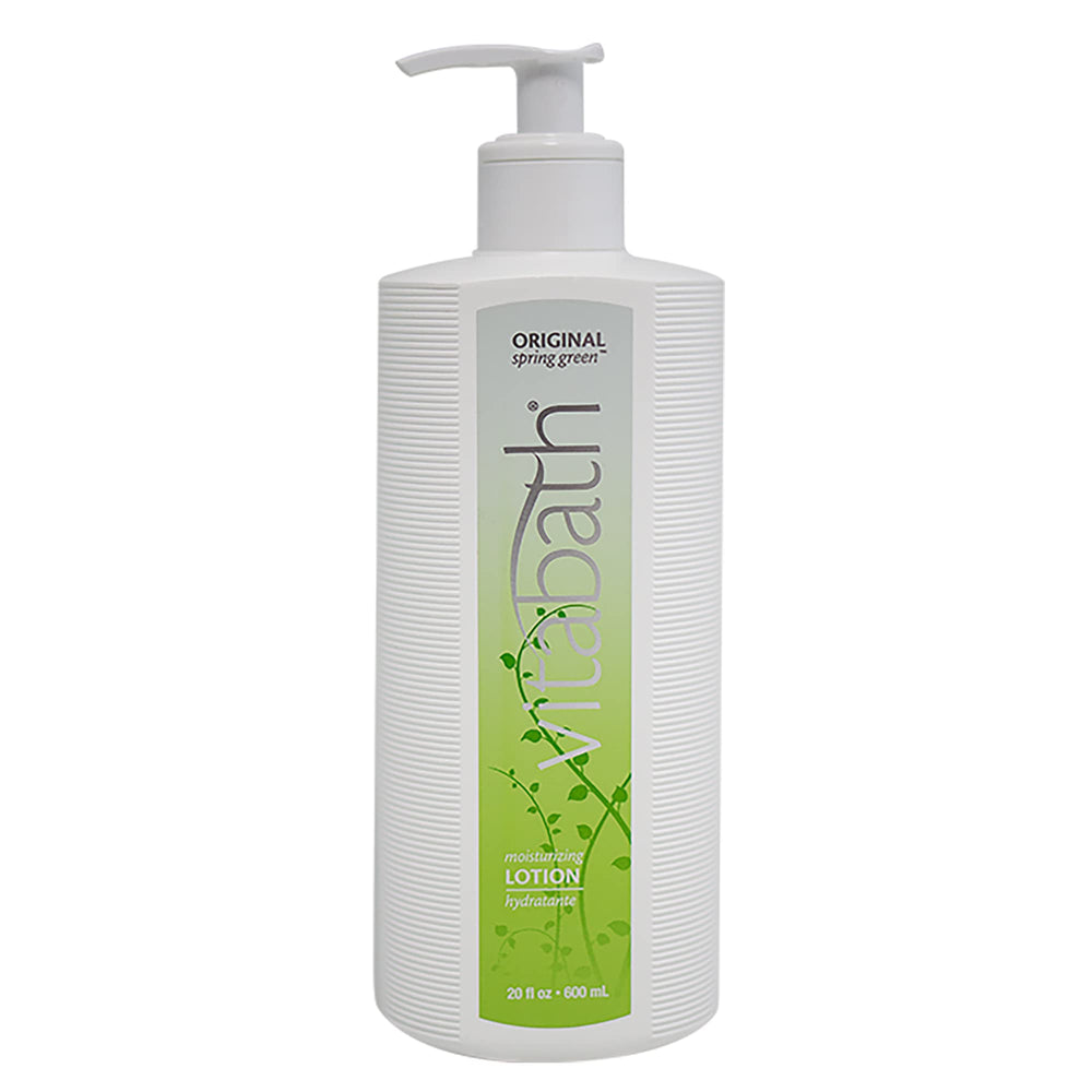 Vitabath Original Spring Green lotion bottle demonstrates hydrating, non-greasy absorption for soft, refreshed skin.
