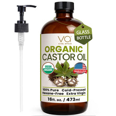 VITAL AFFAIR pure castor oil bottle with pump for mess-free dispensing.