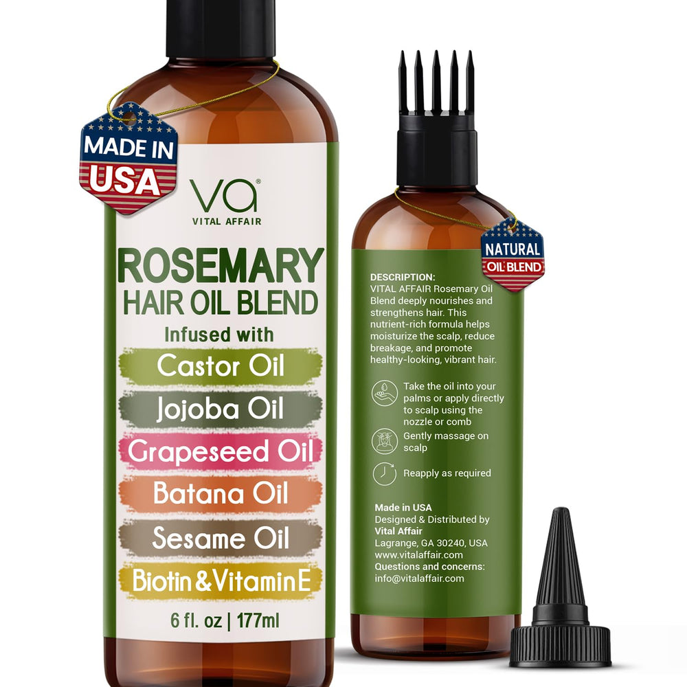 VITAL AFFAIR rosemary oil bottle pour for easy scalp treatment and growth support.