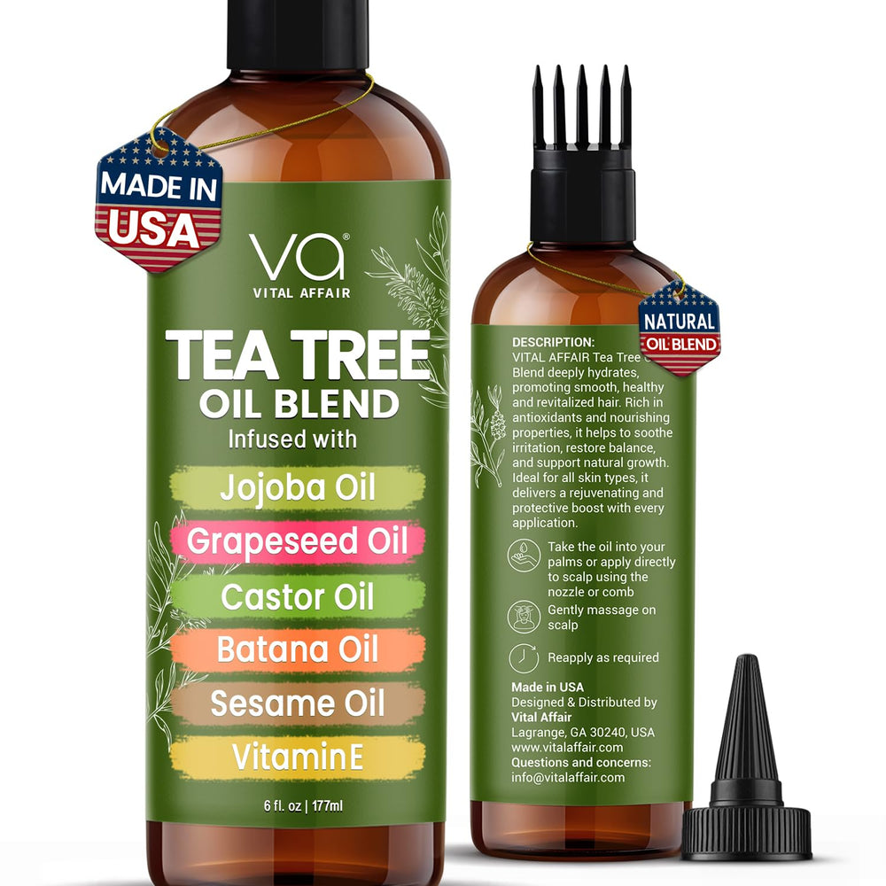 Vital Affair Tea Tree Oil bottle close-up highlighting soothing scalp care.