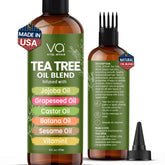 Vital Affair Tea Tree Oil bottle close-up highlighting soothing scalp care.