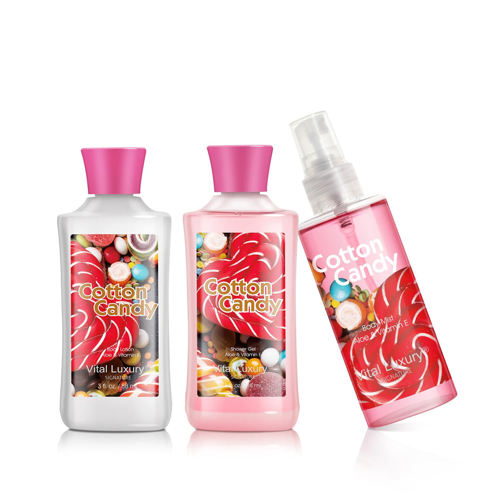 Vital Luxury Cotton Candy Bath & Body Travel Kit packaging showcases luxurious gift presentation.