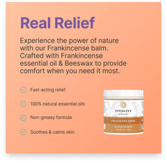 Vitality Frankincense Balm ingredient bottle highlighting olive oil, beeswax, and essential oils for nourishment.