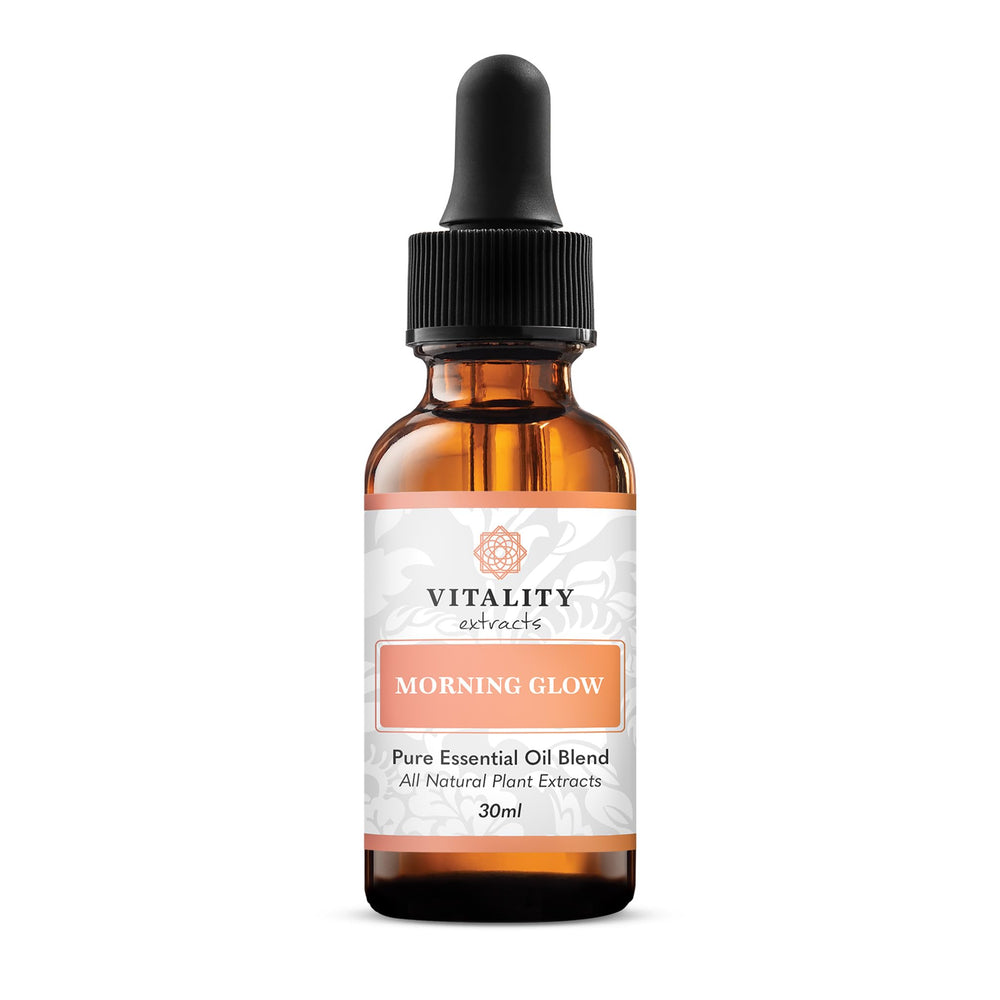 Vitality Morning Glow serum bottle close-up highlighting hydration-boosting formula