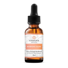 Vitality Morning Glow serum bottle close-up highlighting hydration-boosting formula
