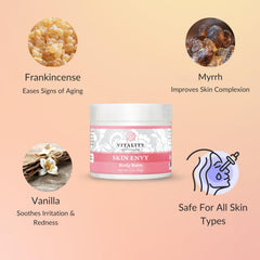 Vitality Skin Envy Balm ingredients spread highlighting botanical oils and beeswax for nourishing skin.