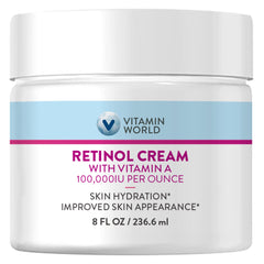 Vitamin World Retinol Cream bottle highlighting 100,000 IU for gentle anti-aging support.