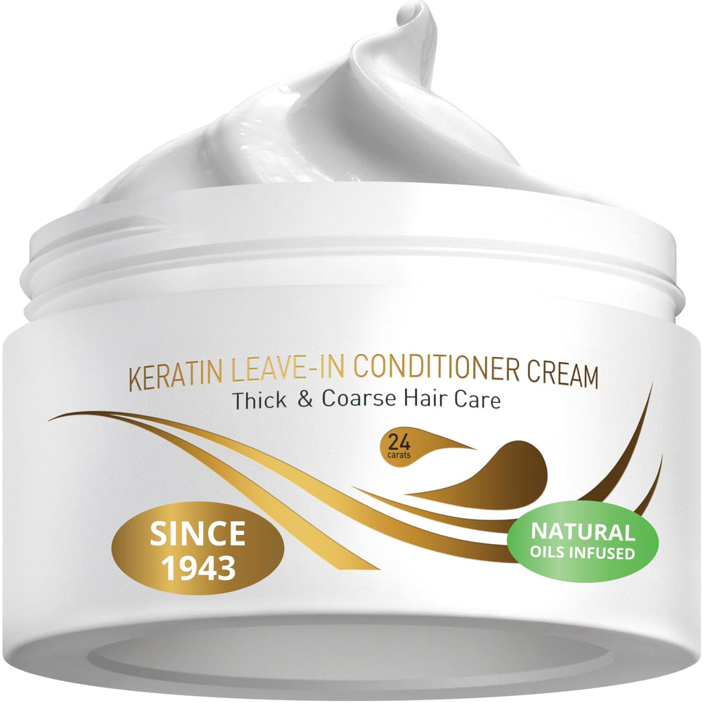 VITAMINS Hair Cosmetics Keratin Leave-In bottle demonstrates frizz control for sleek hair.