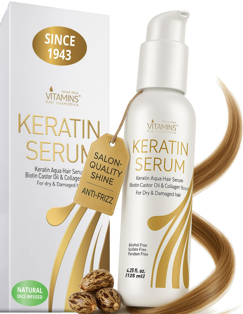 VITAMINS hair cosmetics keratin serum bottle—anti-frizz protection for at-home shine.