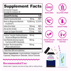 Vitauthority Lustriva bottle close-up showing label and non-GMO formula for hair health.