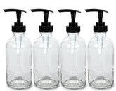 Vivaplex 8oz clear glass bottles with black pumps, ideal for lotions or soaps.