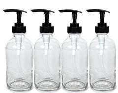 Vivaplex 8oz clear glass bottles with black pumps, ideal for lotions or soaps.