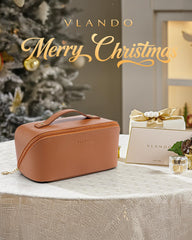 Vlando makeup bag compartments-organization highlights two large sections for brushes and palettes.