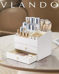 Vlando makeup organizer drawer closeup shows three layers for lip and brush access.