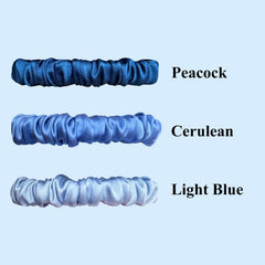 VLOMOT silk scrunchies cerulean closeup shows smooth surface reducing hair friction.