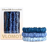 VLOMOT silk scrunchies peacock closeup demonstrates gentle silk for snag-free styling.
