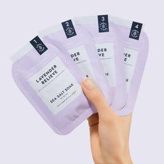 VOESH salt soak Lavender highlights a detoxifying step for calmer, refreshed feet.