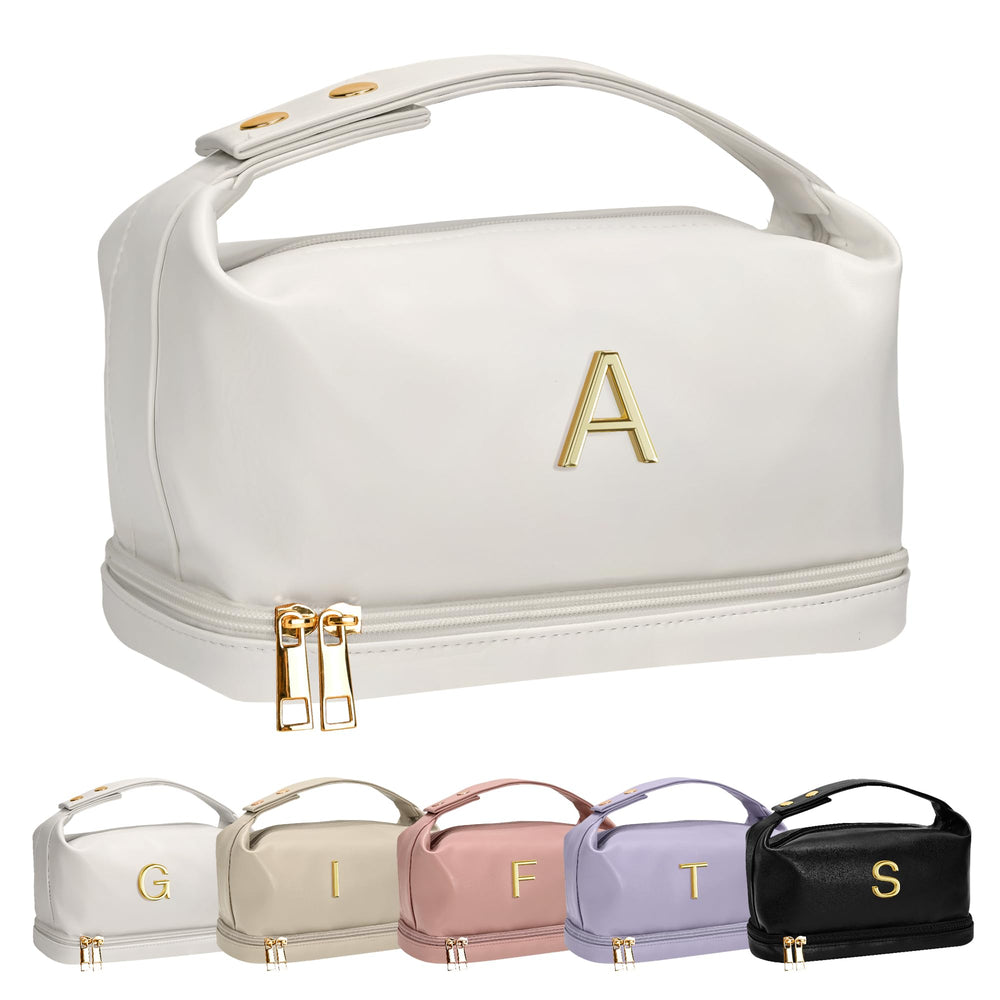 Vogewood makeup bag showing double layer layout for organized cosmetics and brushes.