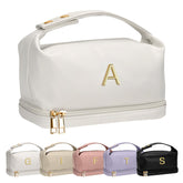 Vogewood makeup bag showing double layer layout for organized cosmetics and brushes.