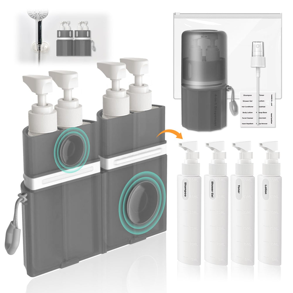 VOGOGE travel bottles 4x55ml pumps in gray for compact on-the-go toiletries