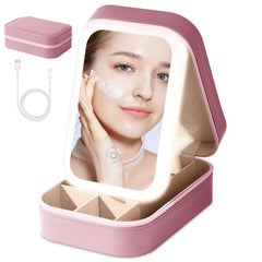 Voioe small travel LED makeup mirror case pink, compact for minis and lip products.