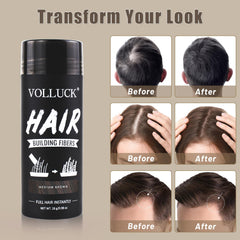 VOLLUCK Hair Fibers applying action demonstrates quick, mess-free coverage.