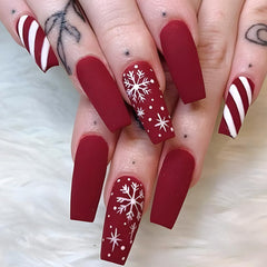 Vopintpy Christmas Snowflake press-on nails in long coffin shape for festive party looks.