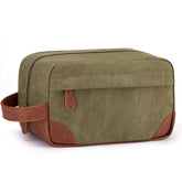 Vorspack travel toiletry bag closed, durable canvas protects contents on trips.