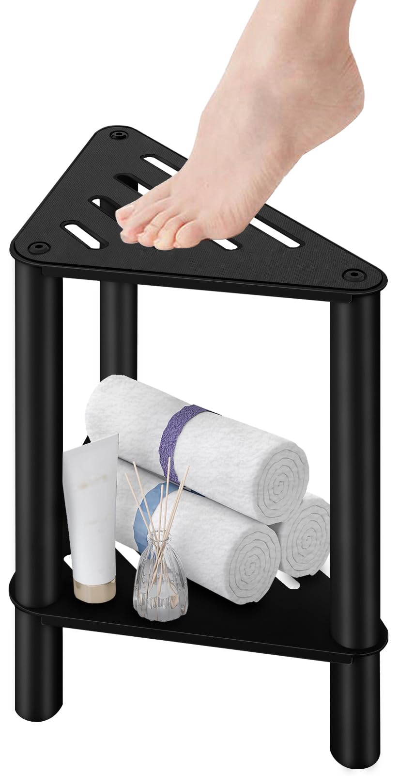 VOTZAAQ corner shower foot rest in stainless steel for compact spaces